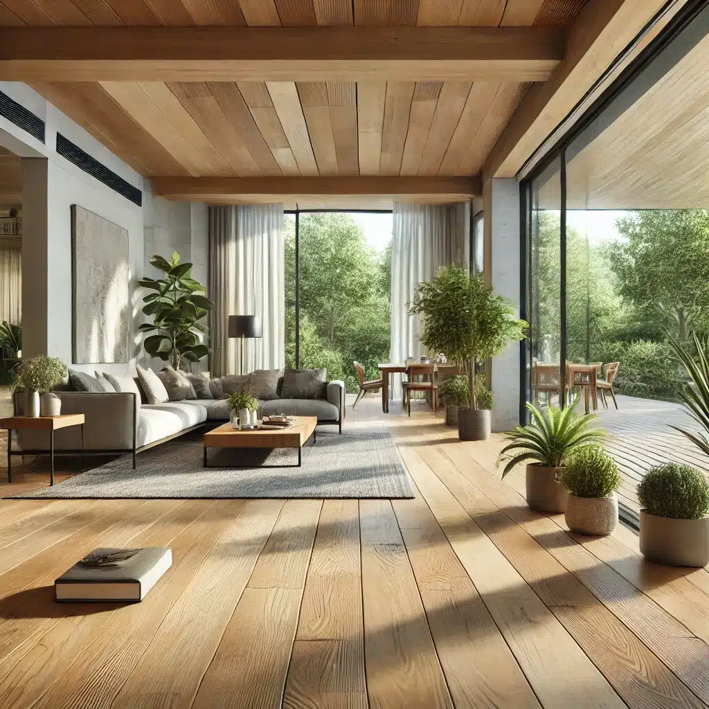 Sala moderna con piso de madera y luz natural suave. Cabaña y edificios. | Ambience Floors